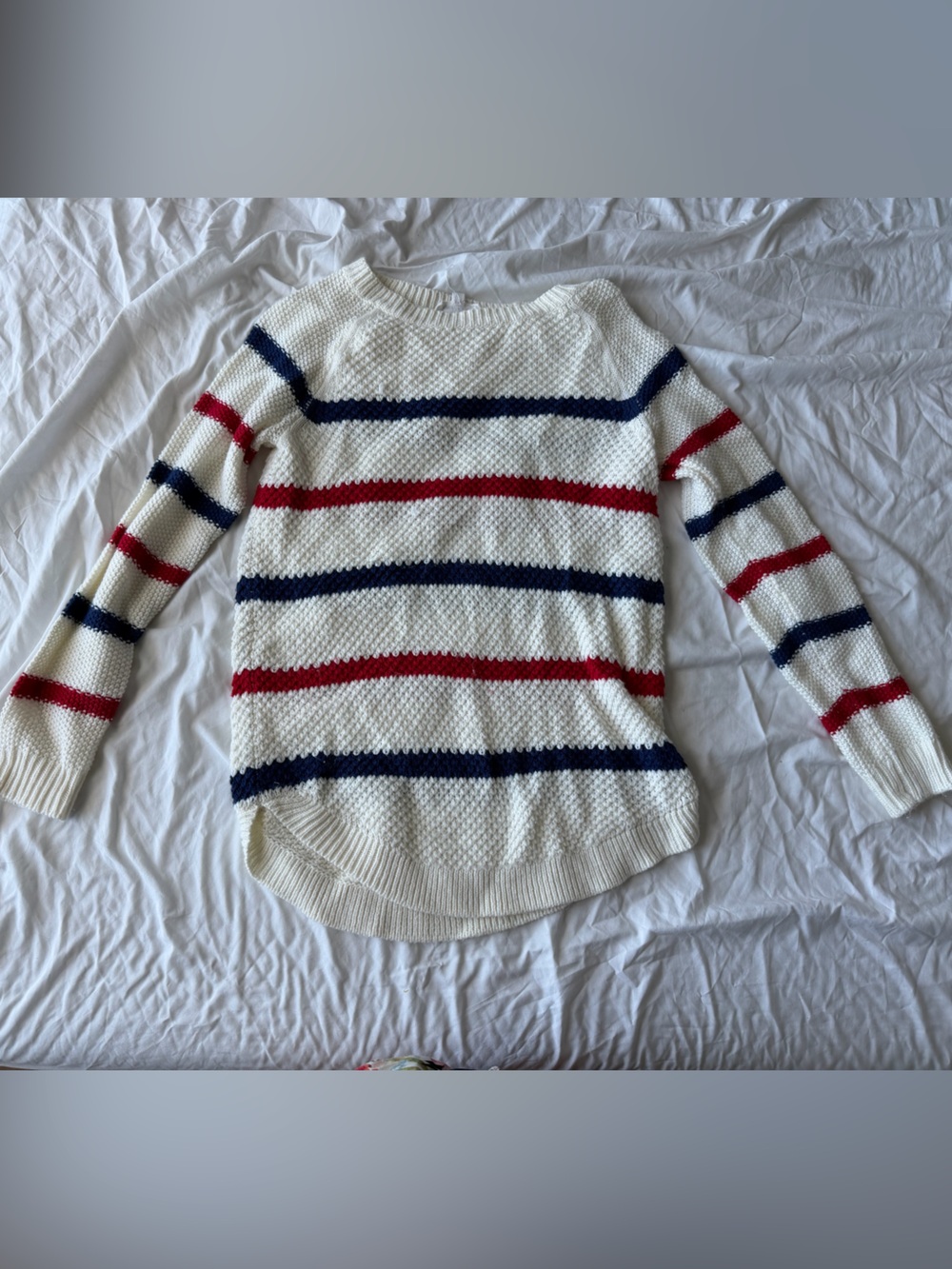 Women's Cream Knit Sweater with Red and Navy Stripes